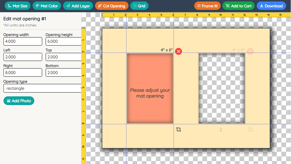Step 1: A web tool interface showing a custom layout for a multi-opening picture mat